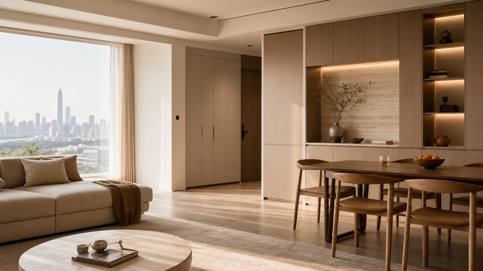 深圳现代原木风全屋定制客餐厅效果示意图